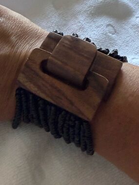 Chunky Handmade Wooden Link Bracelet with Jet Black Beads